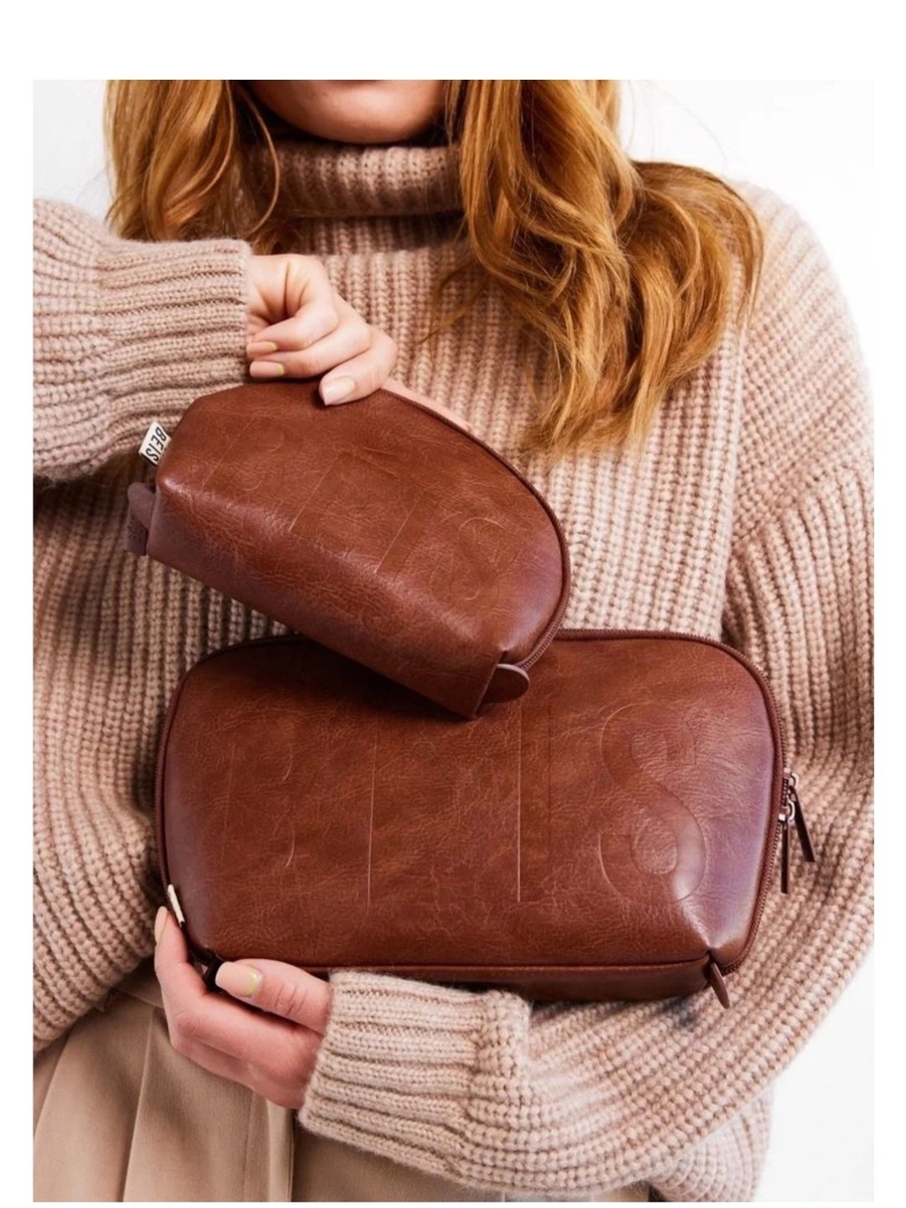 Womenโs Brown Leather Cosmetic Pouch Set - Compact Travel Bags